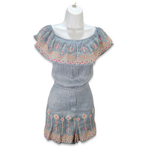 Savanna Jane Boutique Campensina Romper Medium Blue Shimmer Floral Embroidered